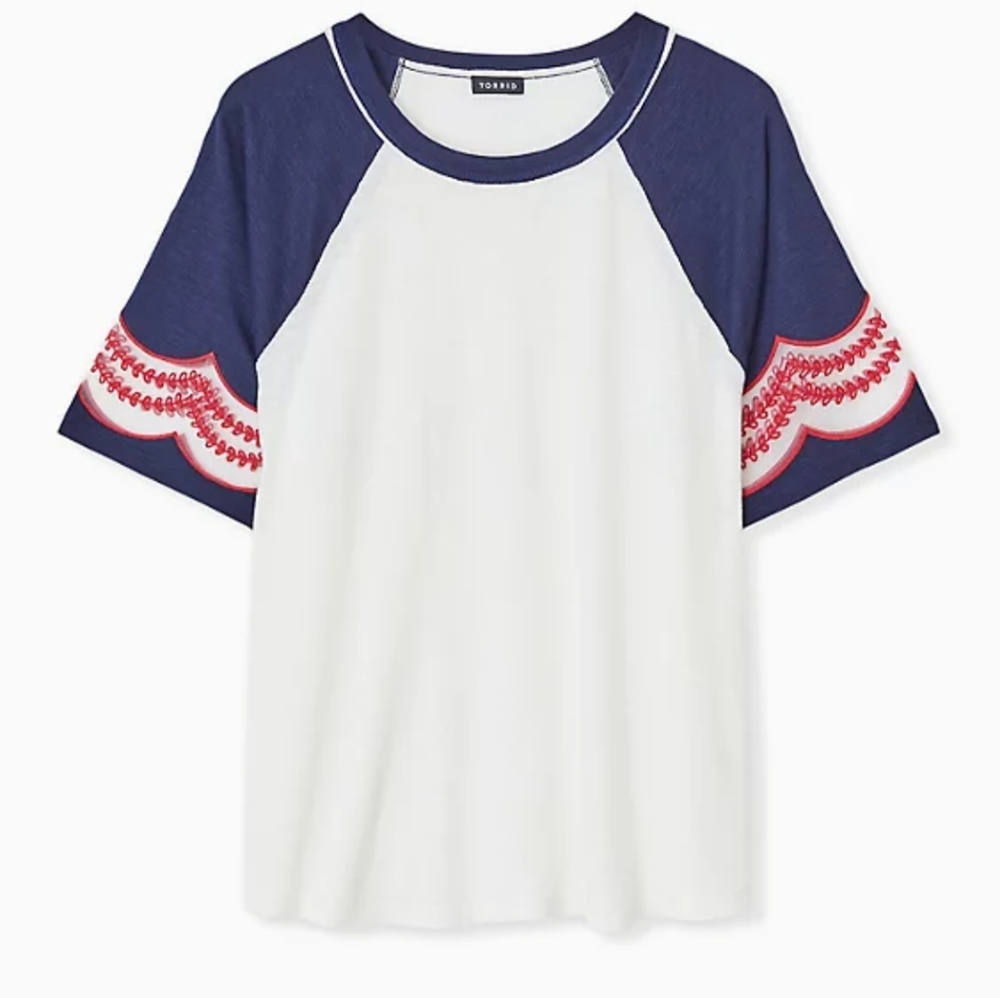 Torrid White/blue ss top with mesh and lace sleeve